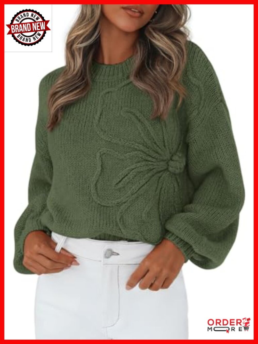 Oversized 3D Floral Knit Sweater Women's Crew Neck Pullover Long Lantern Sleeve